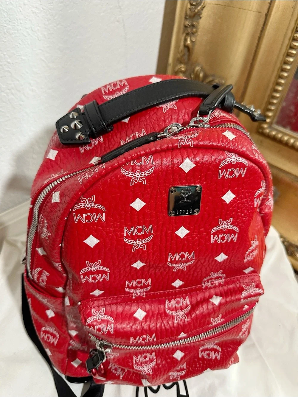 Worn Once MCM Stark Backpack in White Visetos Viva Red Stud